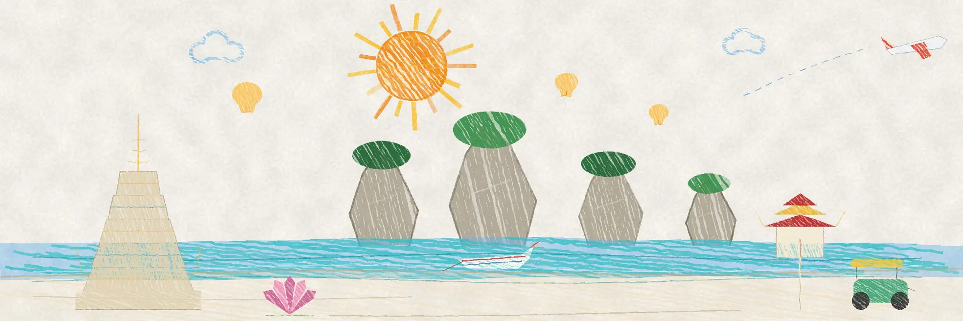 Illustrated Thailand scene with a temple, limestone islands, longtail boat and beach huts